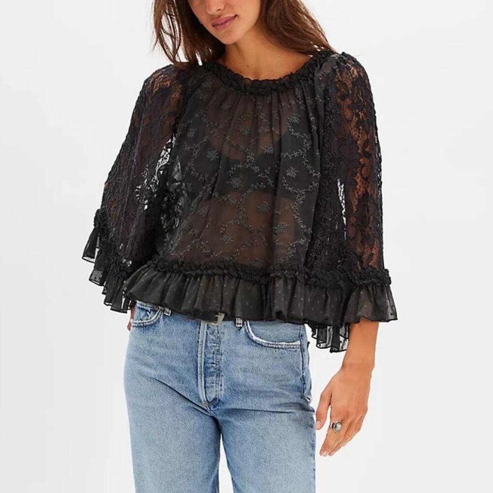 Free People Black Carly Cape Top Sheer Lace Ruffle Blouse Sz S NWT